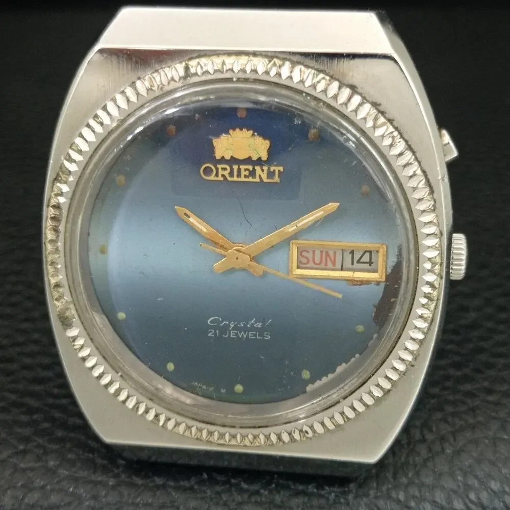 Vintage 1979 Orient Automatic Mens Silver Watch W/daydate & Gold Accents